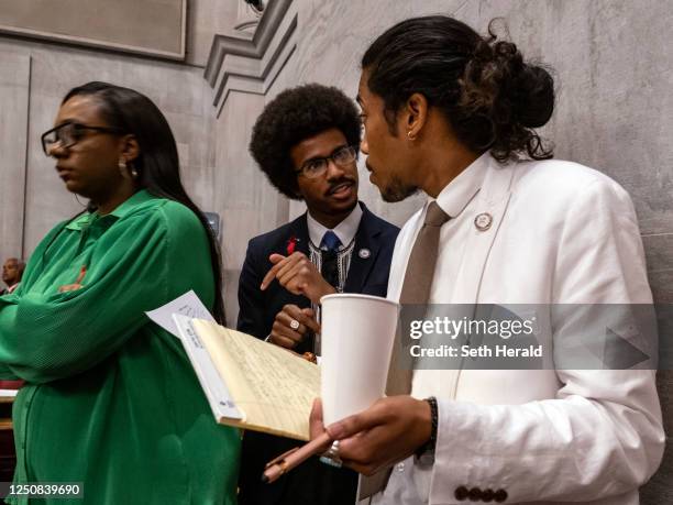 Democratic state Reps. Justin Pearson of Memphis and Justin Jones of Nashville attend the vote in which they were expelled from the state Legislature...