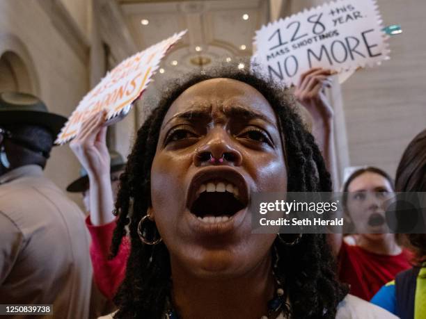 Protesters gather at the Tennessee State Capitol building to call for gun reform laws and show support for the three Democratic representatives who...