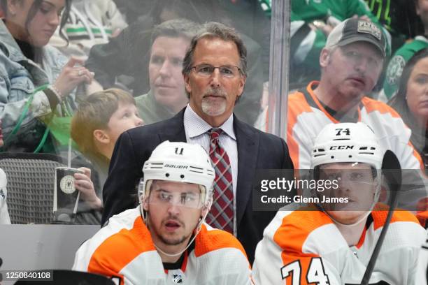 John Tortorella of the Philadelphia Flyers coaches against the Dallas Stars at the American Airlines Center on April 6, 2023 in Dallas, Texas.