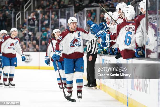 Mikko Rantanen of the Colorado Avalanche celebrates scoring a goal in the first period against the San Jose Sharks at SAP Center on April 6, 2023 in...
