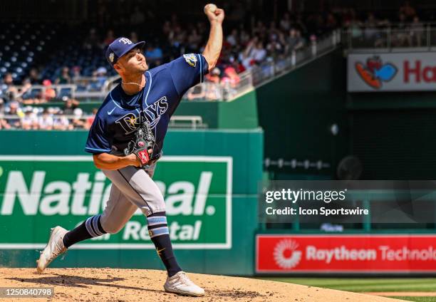 April 05: Tampa Bay Rays starting pitcher Shane McClanahan pitches during the Tampa Bay Rays versus the Washington Nationals on April 5, 2023 at...