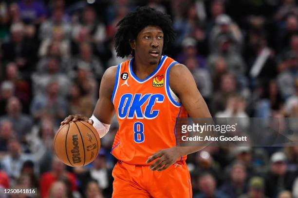 Jalen Williams of the Oklahoma City Thunder in action during the second half of a game against the Utah Jazz at Vivint Arena on April 06, 2023 in...
