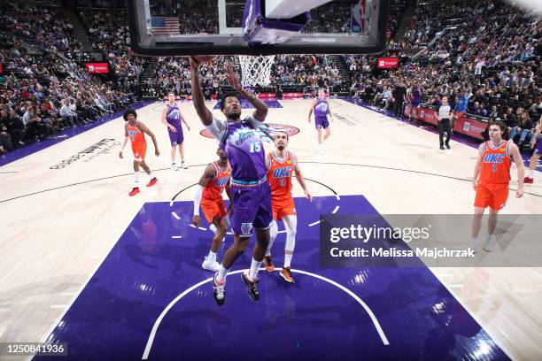Damian Jones of the Utah Jazz shoots the ball during the game against the Oklahoma City Thunder on April 6, 2023 at vivint.SmartHome Arena in Salt...