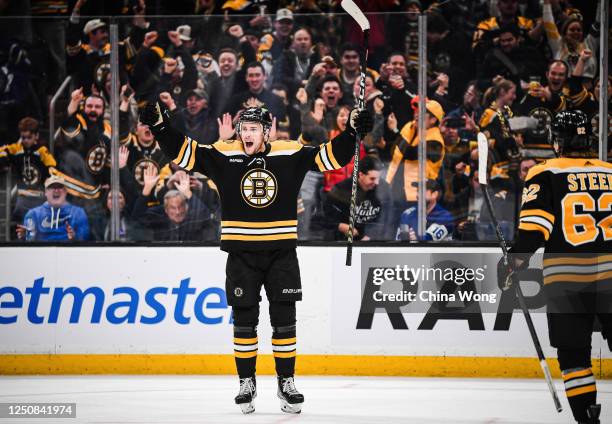 Charlie Coyle of the Boston Bruins celebrates his third period goal against the Toronto Maple Leafs at TD Garden on April 06, 2023 in Boston,...