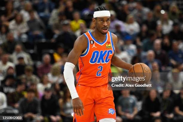 Shai Gilgeous-Alexander of the Oklahoma City Thunder in action during the second half of a game against the Utah Jazz at Vivint Arena on April 06,...