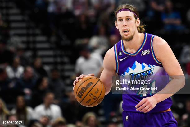 Kelly Olynyk of the Utah Jazz in action during the first half of a game against the Oklahoma City Thunder at Vivint Arena on April 06, 2023 in Salt...