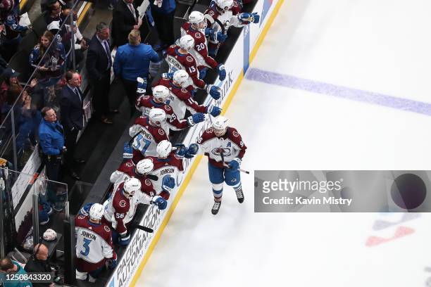 An overhead view as Mikko Rantanen of the Colorado Avalanche celebrates scoring a hat trick in the second period against the San Jose Sharks at SAP...