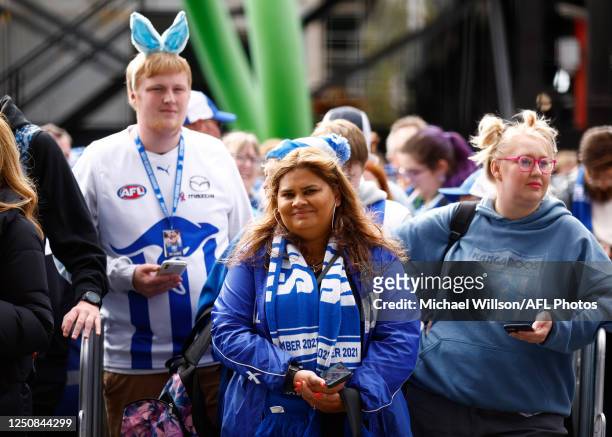 North fans queue during the 2023 AFL Round 04 match between the North Melbourne Kangaroos and the Carlton Blues at Marvel Stadium on April 7, 2023 in...