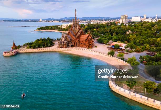 aerial view of the sanctuary of truth. - pattaya stock pictures, royalty-free photos & images