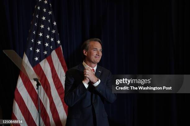 Virginia gubernatorial candidate Glenn Youngkin greets supporters on November 2, 2021 in Chantilly, Virginia. Virginias political identity was up for...