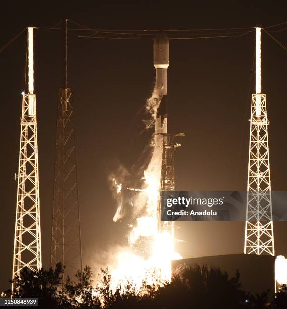 SpaceX Falcon 9 rocket carrying the Intelsat 40e communications satellite launches from pad 40 at Cape Canaveral Space Force Station on April 7, 2023...