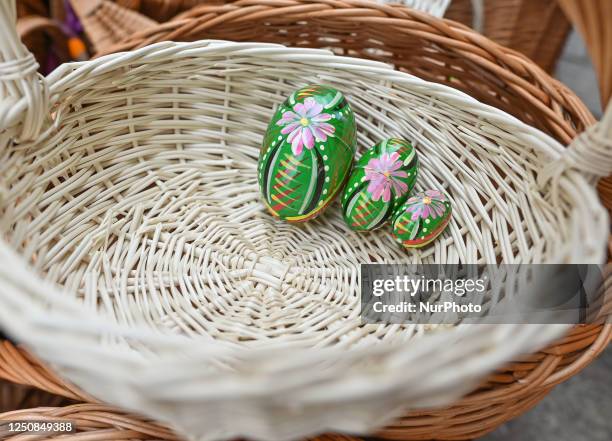 Traditional hand painted Easter eggs seen for sale in Krakow's Easter Market during the Holy Week, 'Pisanki' symbolise the revival of nature and the...