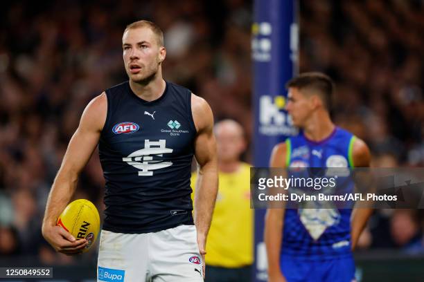 Harry McKay of the Blues looks on during the 2023 AFL Round 04 match between the North Melbourne Kangaroos and the Carlton Blues at Marvel Stadium on...