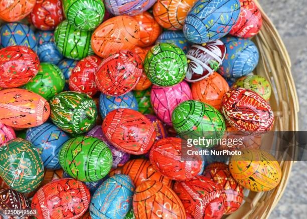 Traditional hand painted Easter eggs seen for sale in Krakow's Easter Market during the Holy Week, 'Pisanki' symbolise the revival of nature and the...