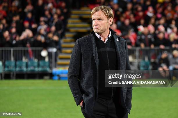 Crusaders' coach Scott Robertson reacts before the Super Rugby Pacific match between Crusaders and Moana Pasifika at Orangetheory Stadium in...