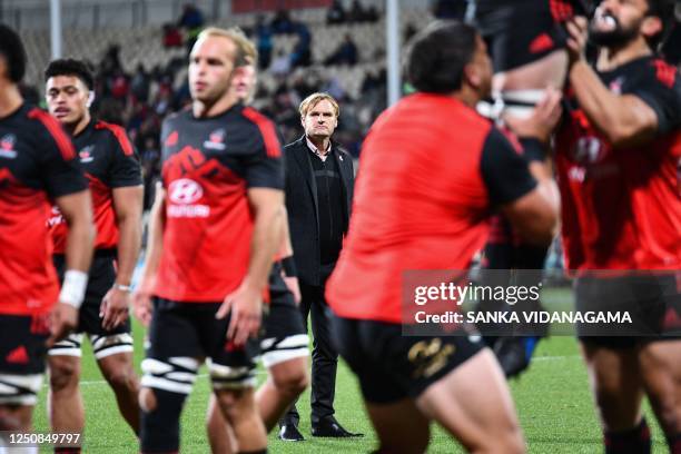 Crusaders' coach Scott Robertson is seen prior to the start of the Super Rugby Pacific match between Crusaders and Moana Pasifika at Orangetheory...