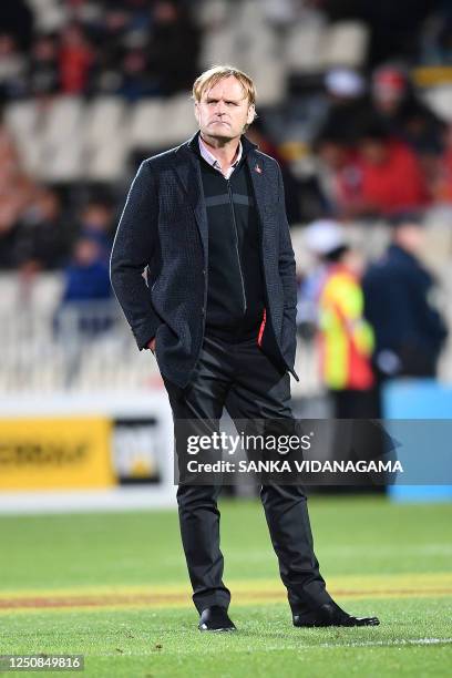 Crusaders' coach Scott Robertson reacts before the Super Rugby Pacific match between Crusaders and Moana Pasifika at Orangetheory Stadium in...
