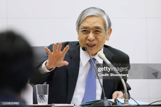 Haruhiko Kuroda, governor of the Bank of Japan , during a news conference at the central bank's headquarters in Tokyo, Japan, on Friday, April 7,...