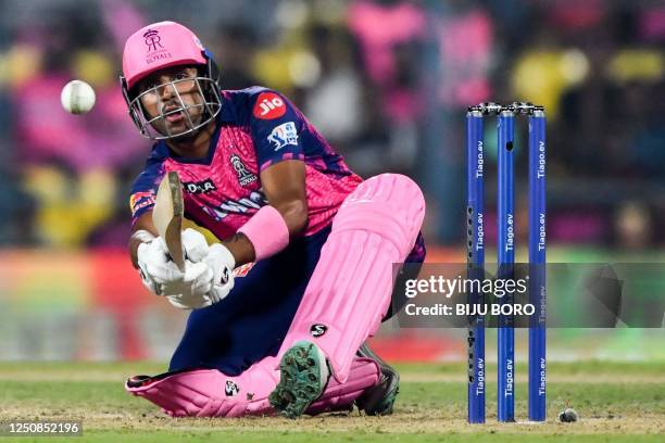 Rajasthan Royals' Dhruv Jurel plays a shot during the Indian Premier League Twenty20 cricket match between Rajasthan Royals and Punjab Kings at the...