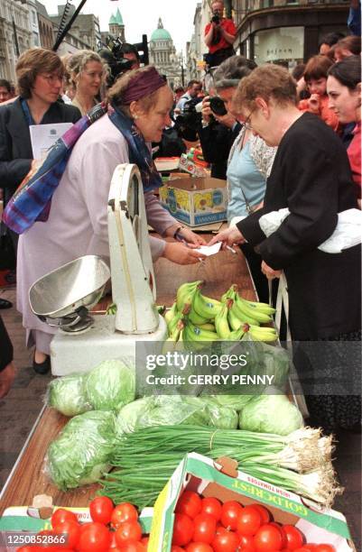 Northern Ireland Secretary of State Mo Mowlam meets shoppers as she walks through Royal Avenue, Belfast City Centre, 20 May, to encourage a yes vote...