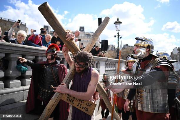 The Wintershall Players perform 'The Passion of Jesus' in front of crowds in Trafalgar Square on Good Friday, April 7, 2023 in London, England. Good...