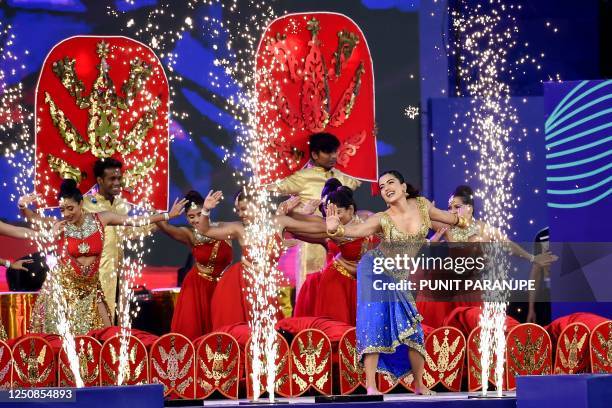 Bollywood actress Rashmika Mandanna performs for the opening ceremony before the start of first match of the Indian Premier League Twenty20 cricket...