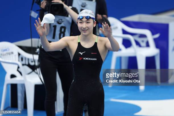 Rikako Ikee reacts after winning the Women's 100m Freestyle Final during day four of the Japan Swim at Tokyo Aquatics Centre on April 7, 2023 in...