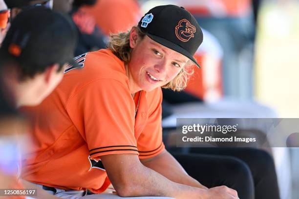 Jackson Holliday of the Baltimore Orioles looks on during a minor league spring training game against the Atlanta Braves at the Buck ONeil Baseball...
