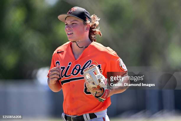 Jackson Holliday of the Baltimore Orioles runs off the field during a minor league spring training game against the Atlanta Braves at the Buck ONeil...