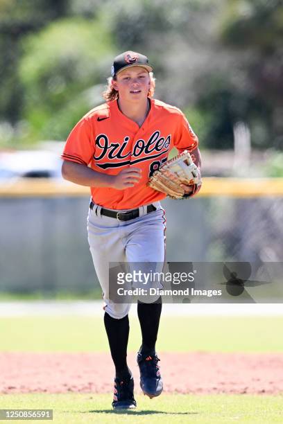 Jackson Holliday of the Baltimore Orioles runs off the field during a minor league spring training game against the Atlanta Braves at the Buck ONeil...