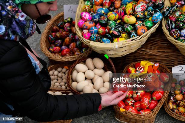 Traditional decorative Easter eggs at the Easter market in Krakow, Poland 2023. As every year, an Easter fair was held on the main square in Krakow....