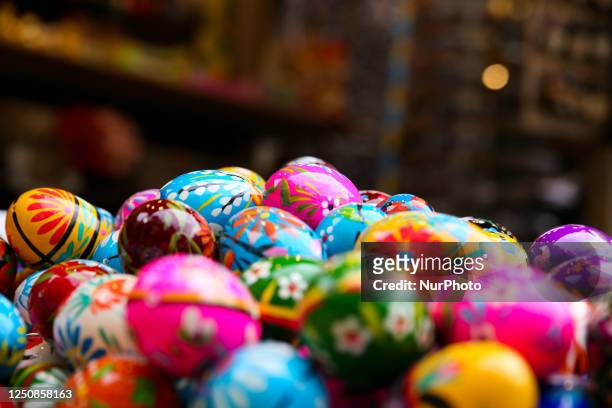 Traditional decorative Easter eggs at the Easter market in Krakow, Poland 2023. As every year, an Easter fair was held on the main square in Krakow....