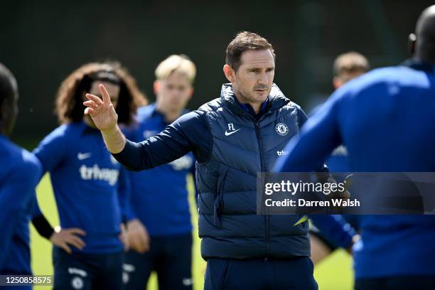 Caretaker Manager Frank Lampard of Chelsea during a training session at Chelsea Training Ground on April 7, 2023 in Cobham, England.