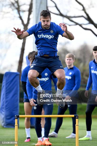 César Azpilicueta of Chelsea during a training session at Chelsea Training Ground on April 7, 2023 in Cobham, England.
