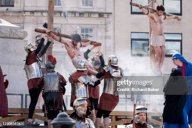 Members of Wintershall Passion company, perform their Passion Play to thousands of Christians in Trafalgar Square, on 7th April 2023, in London,...