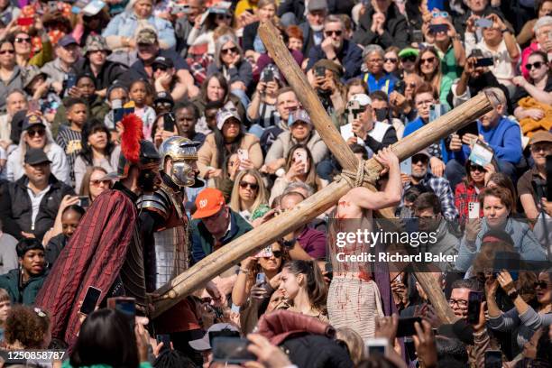 Members of Wintershall Passion company, perform their Passion Play to thousands of Christians in Trafalgar Square, on 7th April 2023, in London,...