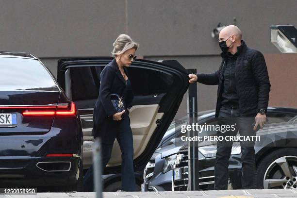 The daughter of former Italian prime minister Silvio Berlusconi, Marina Berlusconi, arrives on April 7, 2023 at the San Raffaele Hospital in Milan,...