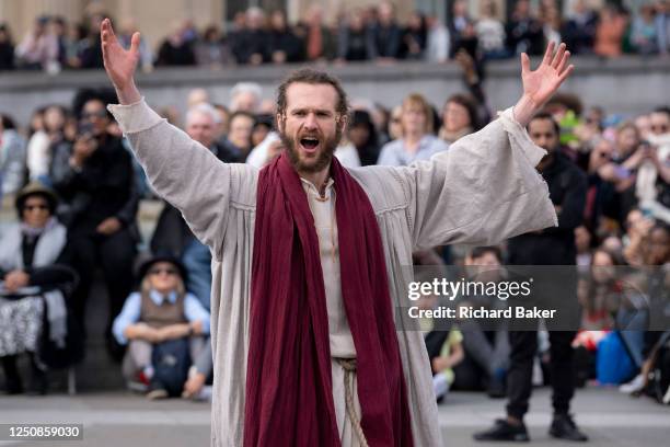 Members of Wintershall Passion company, perform their Passion Play to thousands of Christians in Trafalgar Square, on 7th April 2023, in London,...