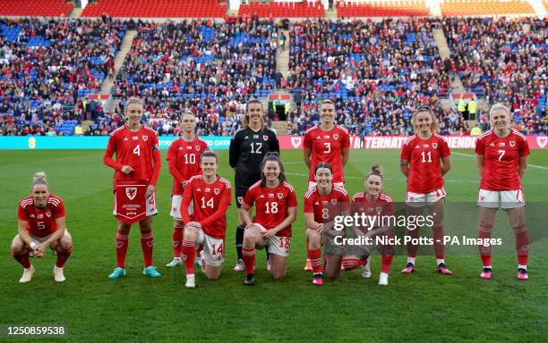 Wales team group before, left to right, standing, Sophie Ingle, Jess Fishlock, Olivia Clark, Gemma Evans, Hannah Cain, Ceri Holland, kneeling,...