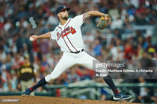 Nick Anderson of the Atlanta Braves pitches during the 7th inning against the San Diego Padres in the Braves season home opener at Truist Park on...