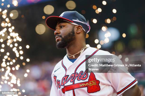 Michael Harris II of the Atlanta Braves before the game against the San Diego Padres in the Braves season home opener at Truist Park on April 6, 2023...