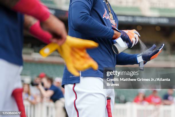 Ronald Acuna Jr. #13 of the Atlanta Braves before the game against the San Diego Padres in the Braves season home opener at Truist Park on April 6,...