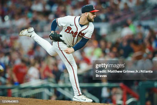 Lucas Luetge of the Atlanta Braves pitches during the 6th inning against the San Diego Padres in the Braves season home opener at Truist Park on...