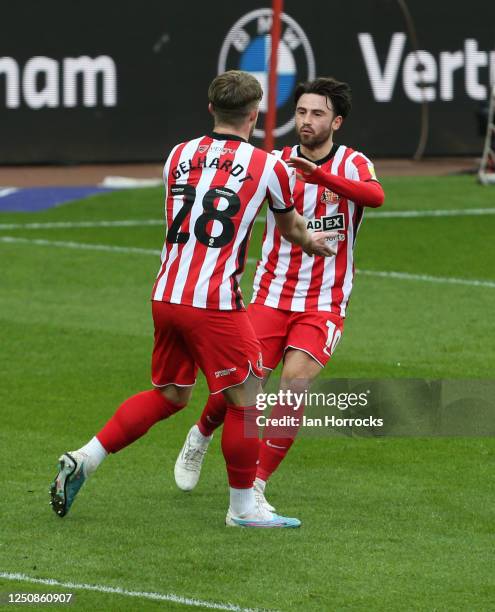 Sunderland players celebrate their opening goal during the Sky Bet Championship match between Sunderland AFC and Hull City FC at Stadium of Light on...