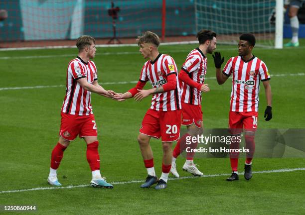Sunderland players celebrate their opening goal during the Sky Bet Championship match between Sunderland AFC and Hull City FC at Stadium of Light on...