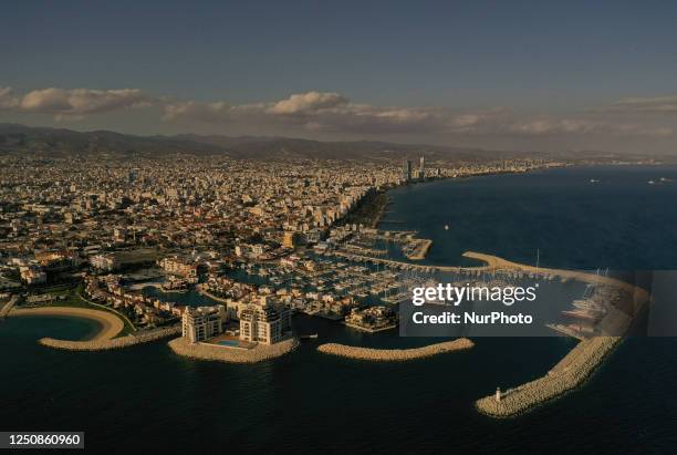 View of the harbor of Limassol Marina with villas, apartments and super-yachts in the Mediterranean port of Limassol. Cyprus, Friday, April 7th, 2023.