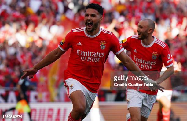 Goncalo Ramos of SL Benfica celebrates after scoring a goal during the Liga Portugal Bwin match between SL Benfica and FC Porto at Estadio da Luz on...