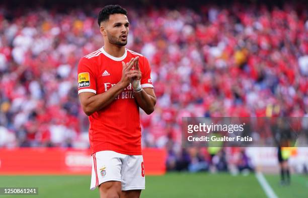 Goncalo Ramos of SL Benfica celebrates after scoring a goal during the Liga Portugal Bwin match between SL Benfica and FC Porto at Estadio da Luz on...