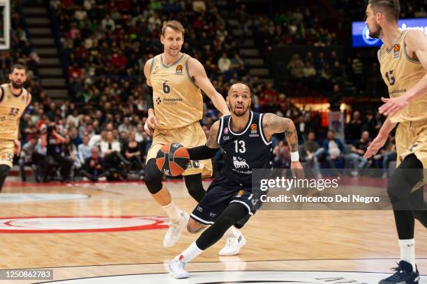 Shabazz Napier, #13 of EA7 Emporio Aramani Milan in action during the 2022-23 Turkish Airlines EuroLeague Regular Season Round 33 game between EA7...