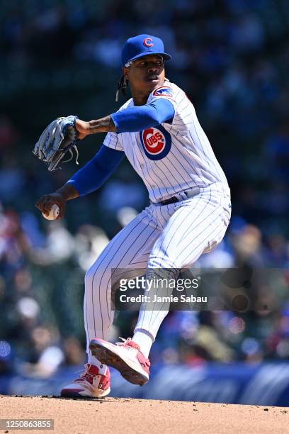 Marcus Stroman of the Chicago Cubs pitches in the first inning against the Texas Rangers at Wrigley Field on April 07, 2023 in Chicago, Illinois.